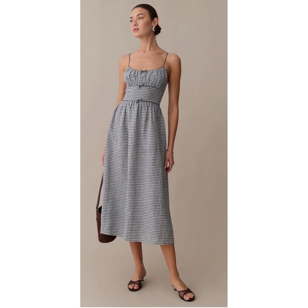 Few Moda Kourt Teal Gingham Linen Midi Dress Bow Detail Smocked Back S